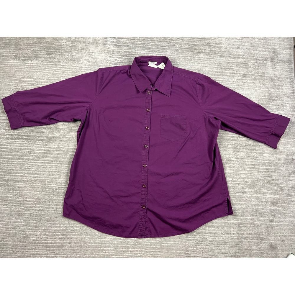 St. Johns Bay Button Down Women 20W Purple Stretch Shirt 3/4 Sleeve Classic Top